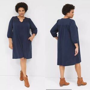 Lane Bryant Navy Blue 3/4-Sleeve Eyelet-Detail Swing Dress Size 18/20